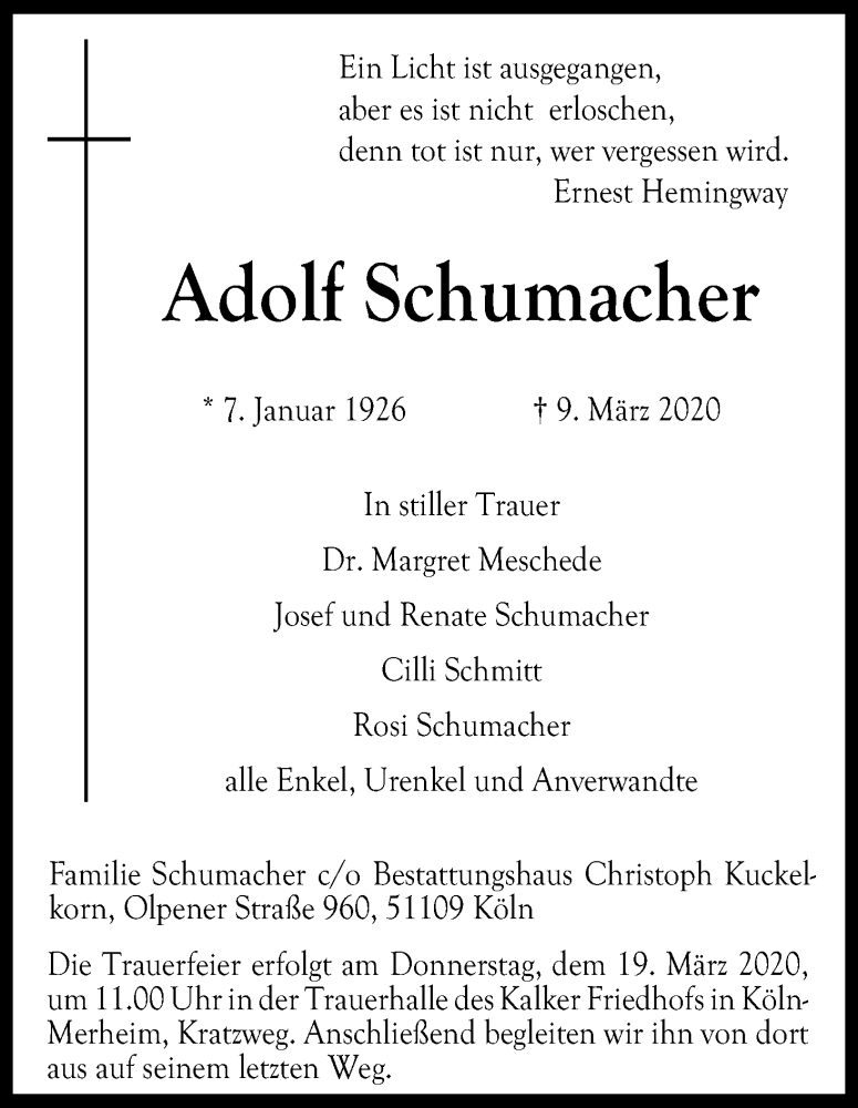  Traueranzeige für Adolf Schumacher vom 14.03.2020 aus Zeitungsgruppe Köln