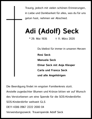 Anzeige von Adolf Seck von Kölner Stadt-Anzeiger / Kölnische Rundschau / Express