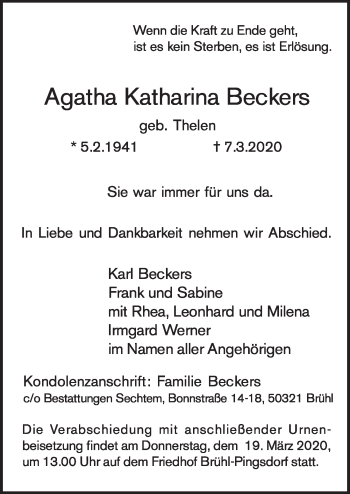 Anzeige von Agatha Katharina Beckers von  Schlossbote/Werbekurier 