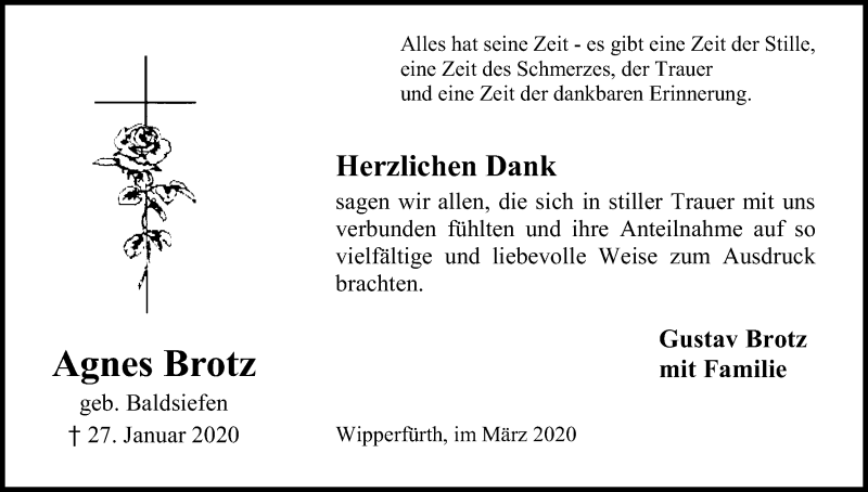  Traueranzeige für Agnes Brotz vom 07.03.2020 aus Kölner Stadt-Anzeiger / Kölnische Rundschau / Express