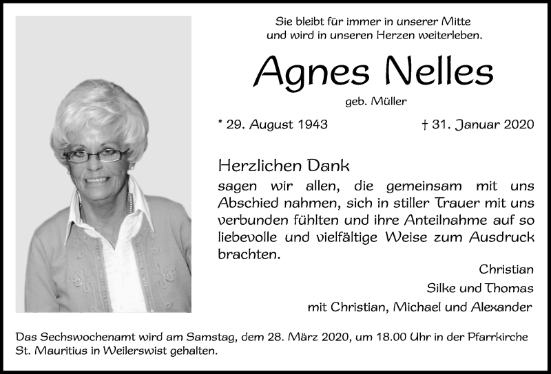  Traueranzeige für Agnes Nelles vom 14.03.2020 aus  Blickpunkt Euskirchen 