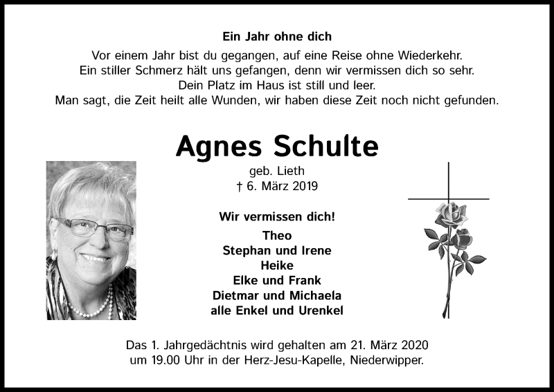  Traueranzeige für Agnes Schulte vom 06.03.2020 aus Kölner Stadt-Anzeiger / Kölnische Rundschau / Express