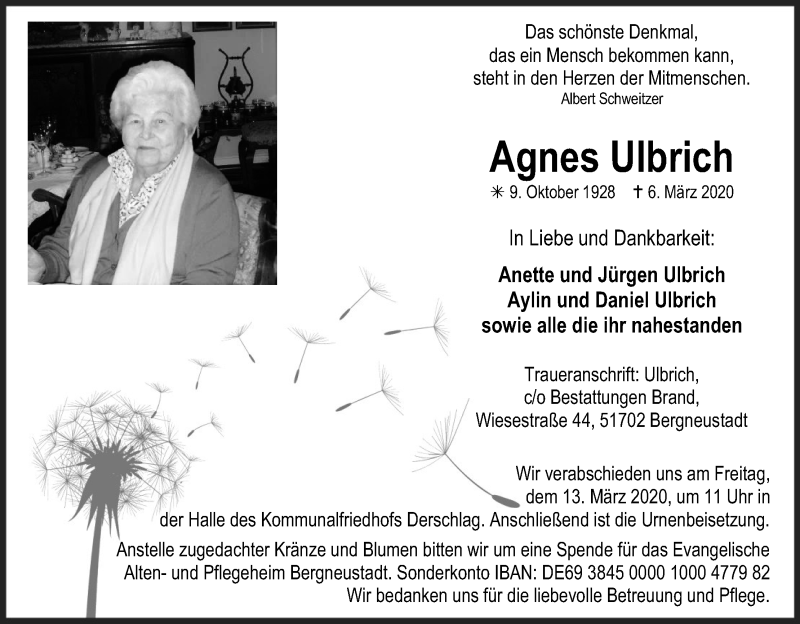  Traueranzeige für Agnes Ulbrich vom 10.03.2020 aus Kölner Stadt-Anzeiger / Kölnische Rundschau / Express