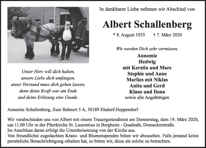 Traueranzeige für Albert Schallenberg vom 14.03.2020 aus  Sonntags-Post 