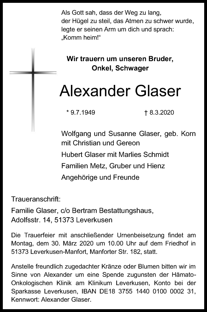  Traueranzeige für Alexander Glaser vom 20.03.2020 aus Kölner Stadt-Anzeiger / Kölnische Rundschau / Express