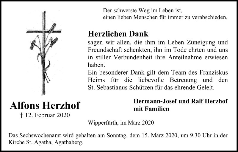  Traueranzeige für Alfons Herzhof vom 07.03.2020 aus Kölner Stadt-Anzeiger / Kölnische Rundschau / Express