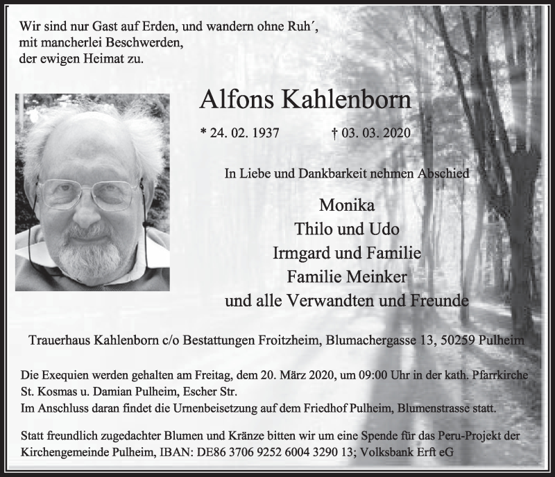  Traueranzeige für Alfons Kahlenborn vom 14.03.2020 aus  Sonntags-Post 
