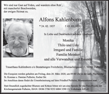 Anzeige von Alfons Kahlenborn von  Sonntags-Post 