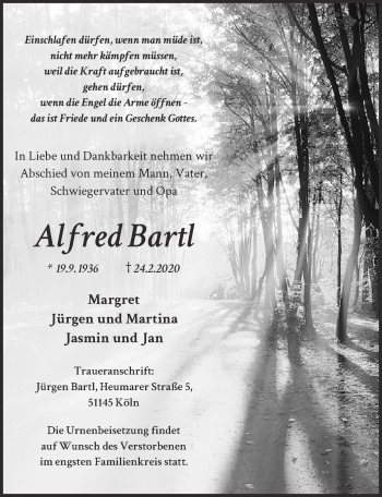 Anzeige von Alfred Bartl von  Kölner Wochenspiegel 