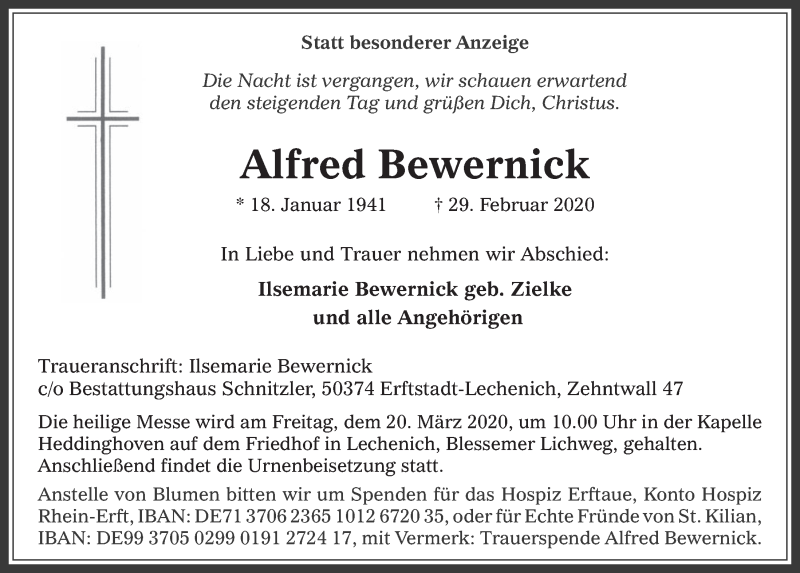  Traueranzeige für Alfred Bewernick vom 11.03.2020 aus  Werbepost 