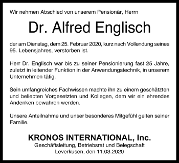 Anzeige von Alfred Englisch von Kölner Stadt-Anzeiger / Kölnische Rundschau / Express