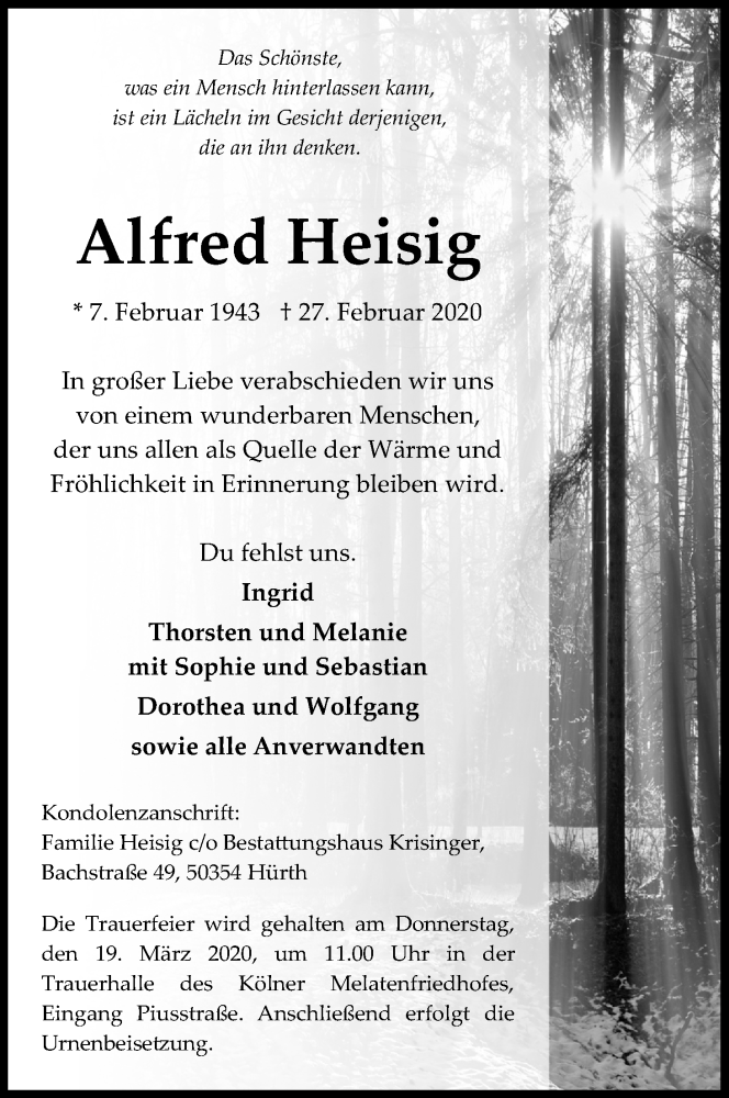  Traueranzeige für Alfred Heisig vom 07.03.2020 aus Kölner Stadt-Anzeiger / Kölnische Rundschau / Express