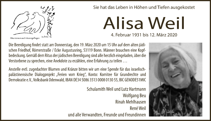  Traueranzeige für Alisa Weil vom 18.03.2020 aus  Schaufenster/Blickpunkt 