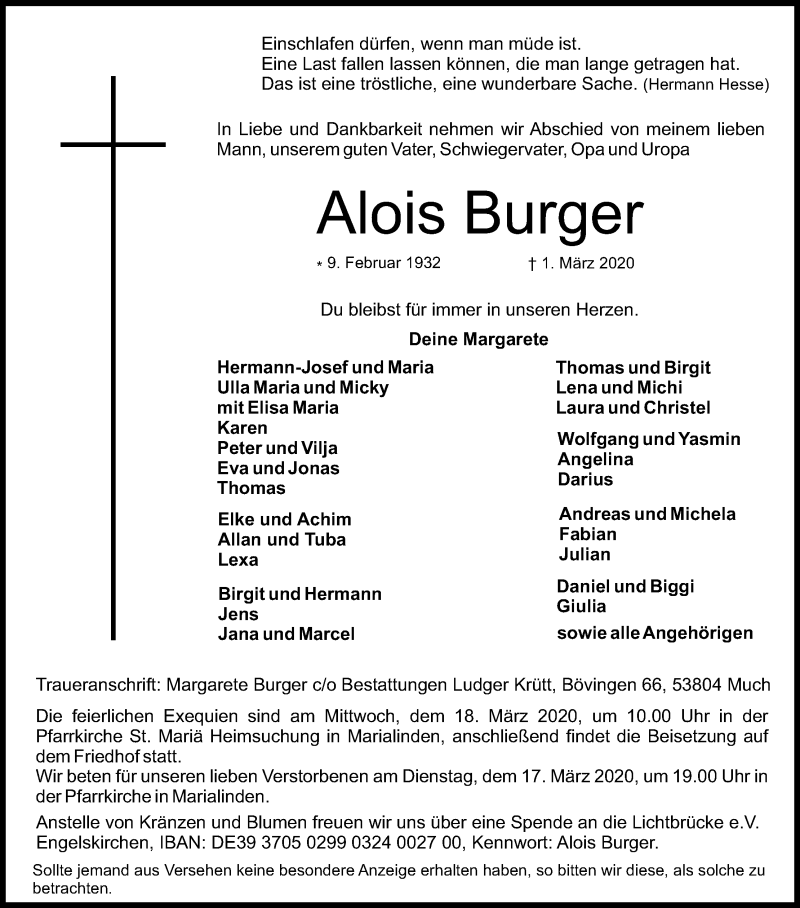  Traueranzeige für Alois Burger vom 07.03.2020 aus Kölner Stadt-Anzeiger / Kölnische Rundschau / Express
