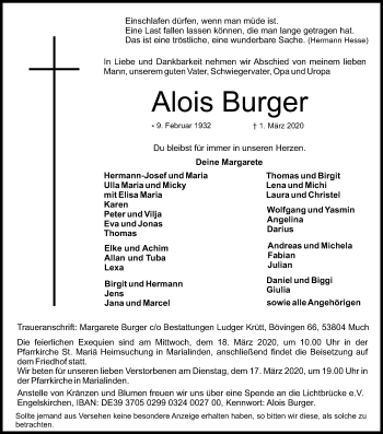 Anzeige von Alois Burger von Kölner Stadt-Anzeiger / Kölnische Rundschau / Express
