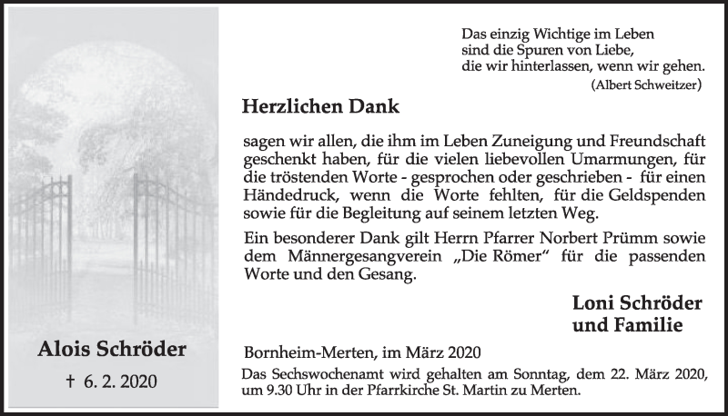  Traueranzeige für Alois Schröder vom 11.03.2020 aus  Schlossbote/Werbekurier 