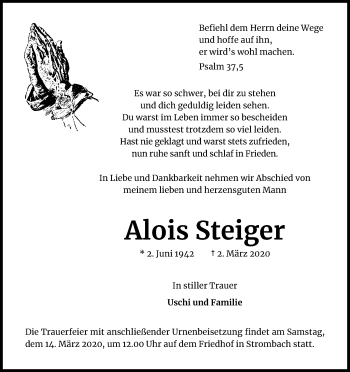 Anzeige von Alois Steiger von Kölner Stadt-Anzeiger / Kölnische Rundschau / Express