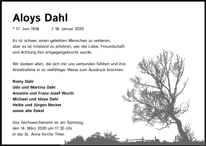  Traueranzeige für Aloys Dahl vom 07.03.2020 aus Kölner Stadt-Anzeiger / Kölnische Rundschau / Express