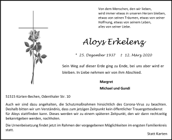 Anzeige von Aloys Erkelenz von Kölner Stadt-Anzeiger / Kölnische Rundschau / Express