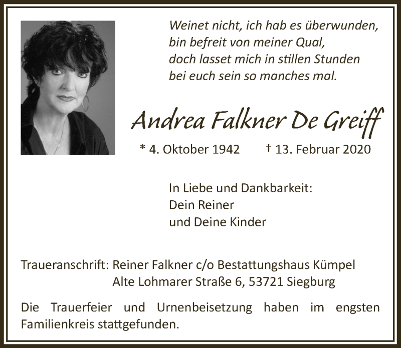  Traueranzeige für Andrea Falkner De Greiff vom 04.03.2020 aus  Extra Blatt 