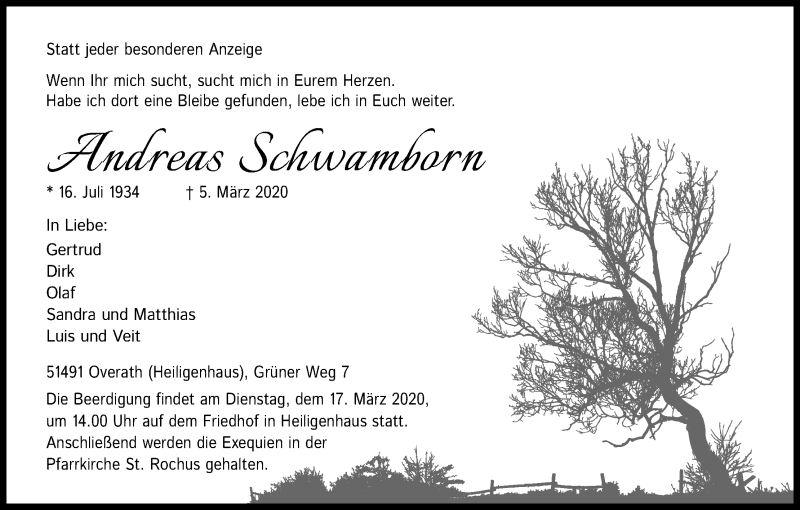  Traueranzeige für Andreas Schwamborn vom 11.03.2020 aus Kölner Stadt-Anzeiger / Kölnische Rundschau / Express
