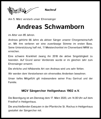 Anzeige von Andreas Schwamborn von Zeitungsgruppe Köln