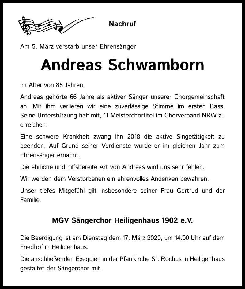  Traueranzeige für Andreas Schwamborn vom 14.03.2020 aus Zeitungsgruppe Köln