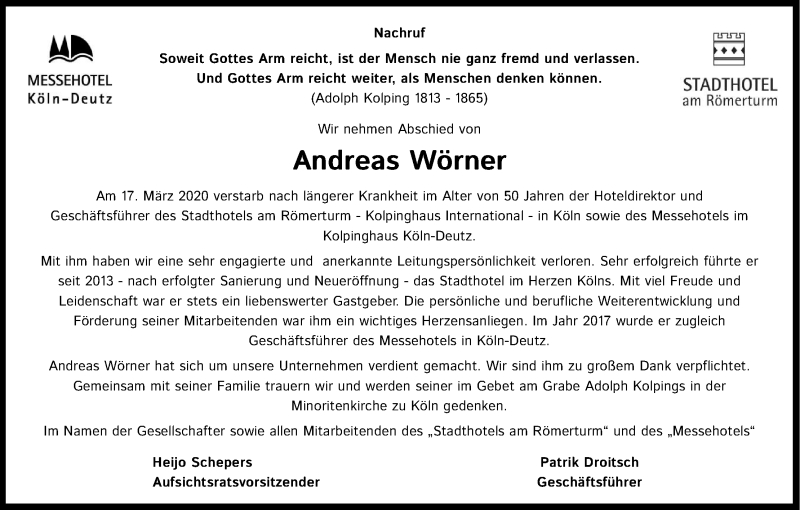  Traueranzeige für Andreas Wörner vom 21.03.2020 aus Kölner Stadt-Anzeiger / Kölnische Rundschau / Express