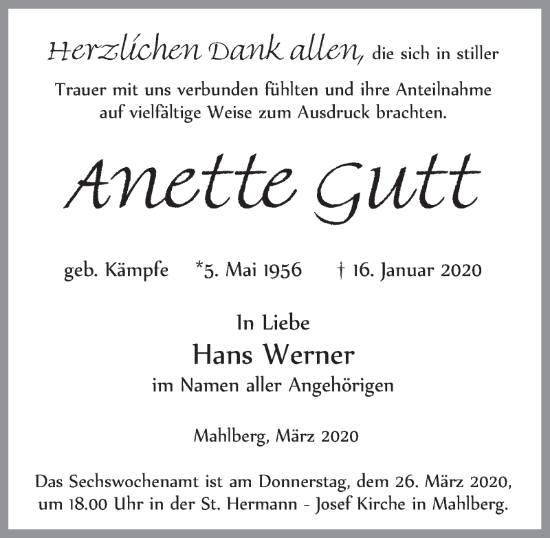  Traueranzeige für Anette Gutt vom 14.03.2020 aus  Blickpunkt Euskirchen 