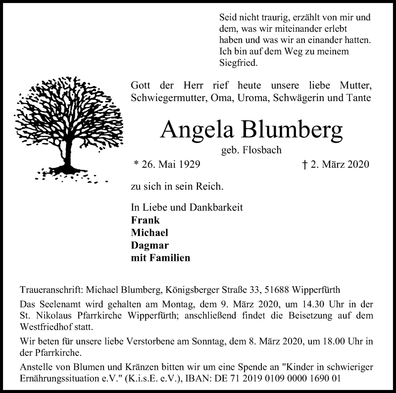  Traueranzeige für Angela Blumberg vom 03.03.2020 aus Kölner Stadt-Anzeiger / Kölnische Rundschau / Express