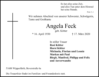 Anzeige von Angela Feck von Kölner Stadt-Anzeiger / Kölnische Rundschau / Express