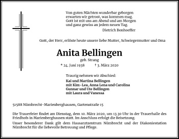 Anzeige von Anita Bellingen von Kölner Stadt-Anzeiger / Kölnische Rundschau / Express