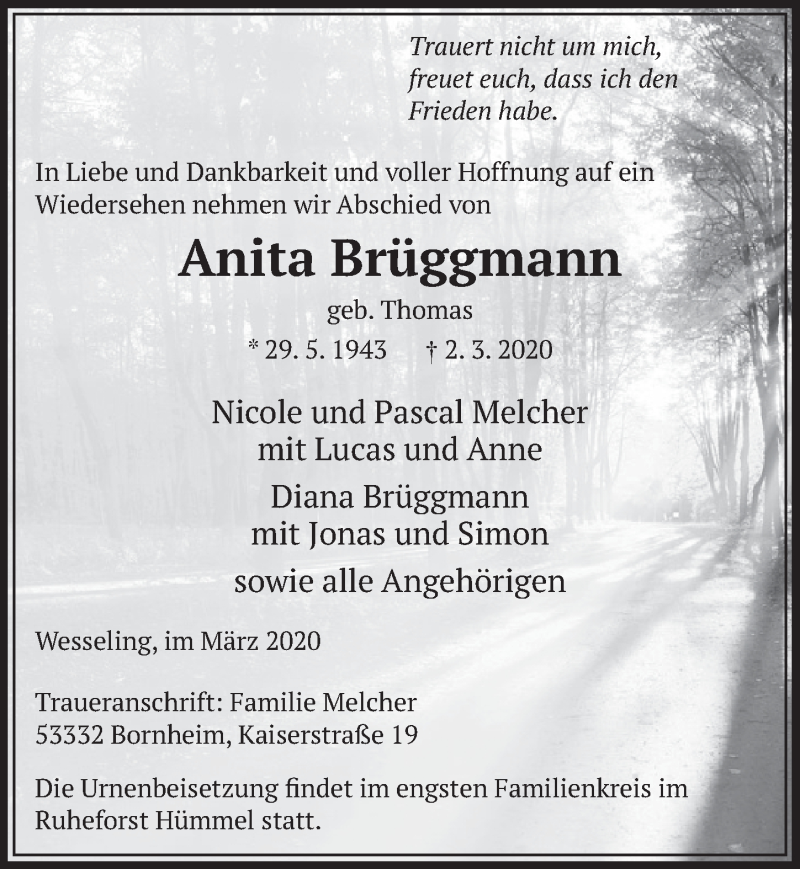  Traueranzeige für Anita Brüggmann vom 11.03.2020 aus  Schlossbote/Werbekurier 