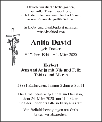 Anzeige von Anita David von  Blickpunkt Euskirchen 