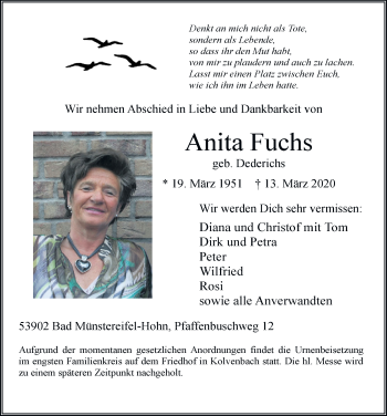 Anzeige von Anita Fuchs von  Blickpunkt Euskirchen 