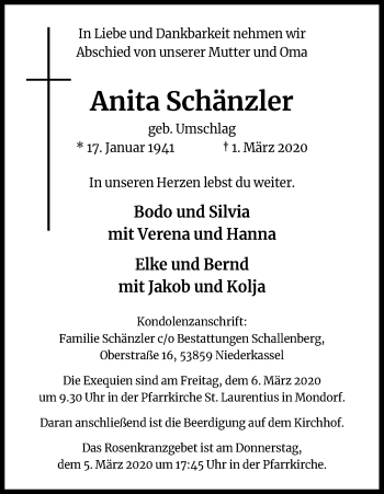 Anzeige von Anita Schänzler von Kölner Stadt-Anzeiger / Kölnische Rundschau / Express