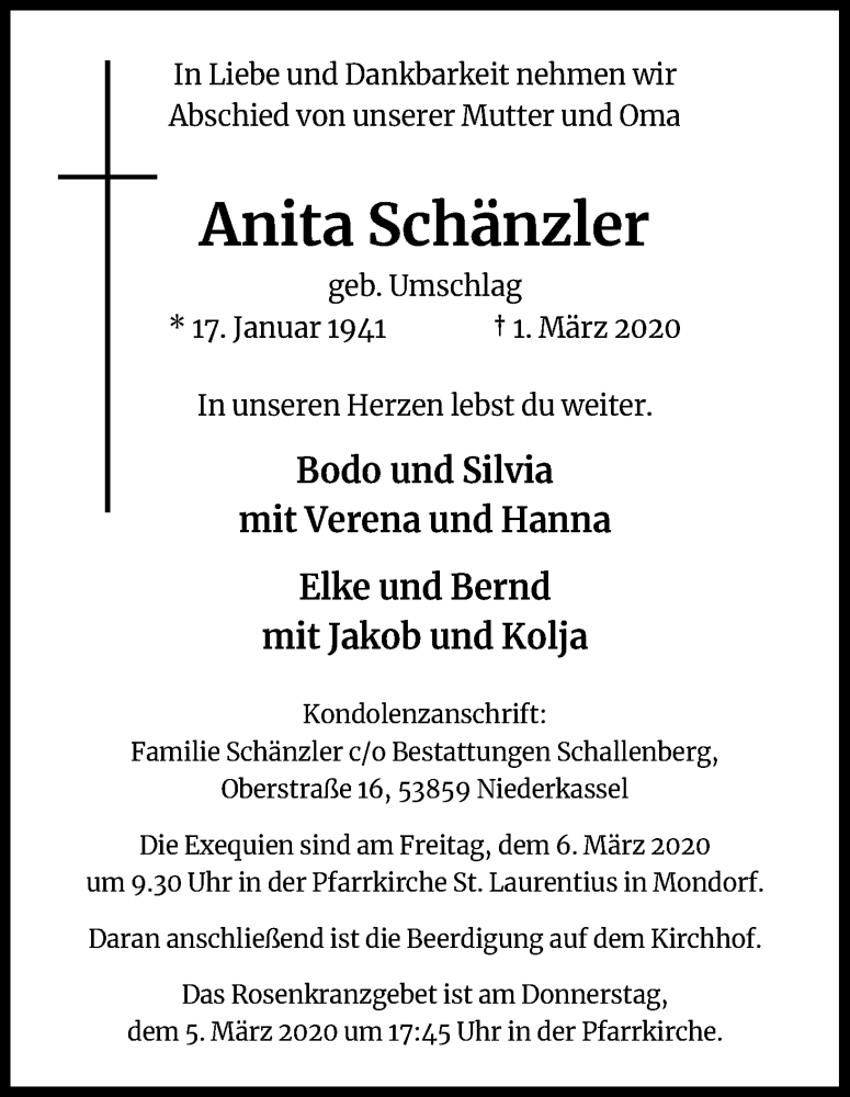  Traueranzeige für Anita Schänzler vom 05.03.2020 aus Kölner Stadt-Anzeiger / Kölnische Rundschau / Express