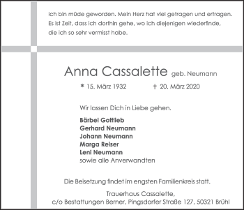 Anzeige von Anna Cassalette von  Schlossbote/Werbekurier 