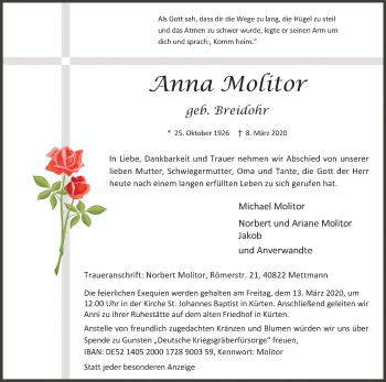 Anzeige von Anna Molitor von Kölner Stadt-Anzeiger / Kölnische Rundschau / Express