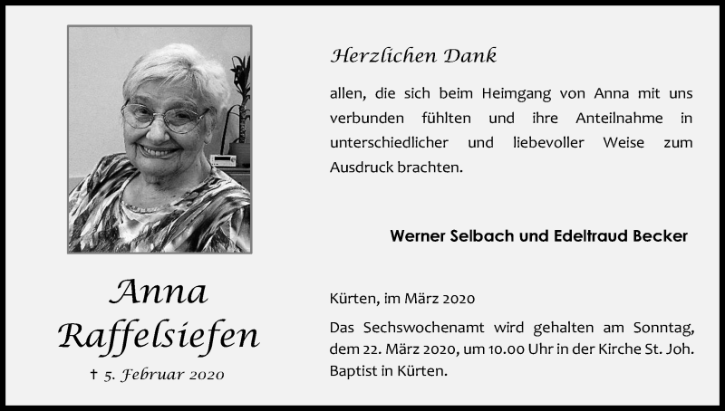  Traueranzeige für Anna Raffelsiefen vom 14.03.2020 aus Zeitungsgruppe Köln