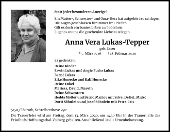 Anzeige von Anna Vera Lukas-Tepper von Kölner Stadt-Anzeiger / Kölnische Rundschau / Express