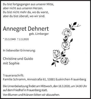 Anzeige von Annegret Dehnert von  Blickpunkt Euskirchen 