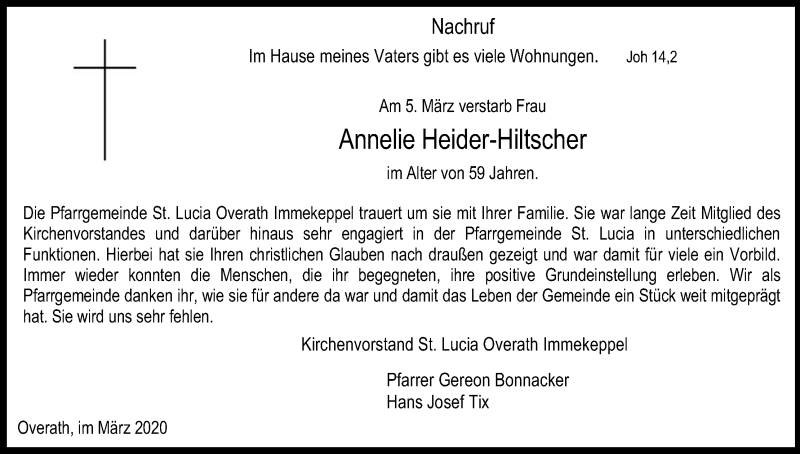  Traueranzeige für Annelie Heider-Hiltscher vom 18.03.2020 aus Zeitungsgruppe Köln