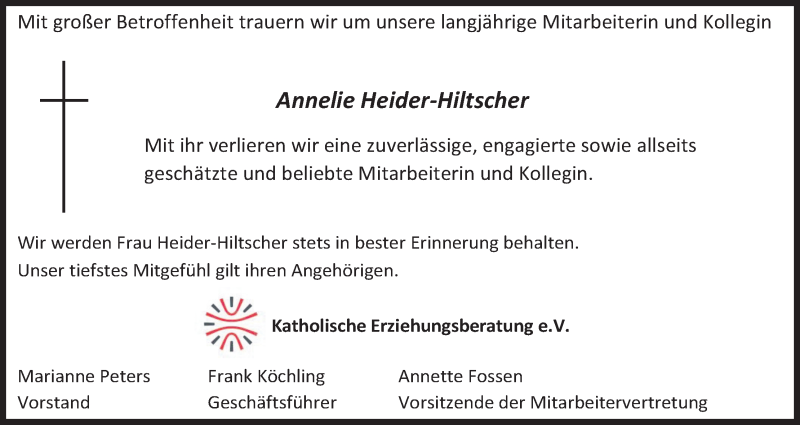  Traueranzeige für Annelie Heider-Hiltscher vom 21.03.2020 aus Kölner Stadt-Anzeiger / Kölnische Rundschau / Express