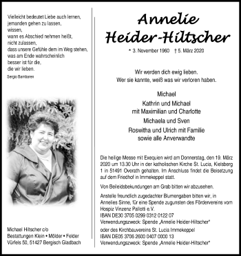 Anzeige von Annelie Heider-Hiltscher von Zeitungsgruppe Köln