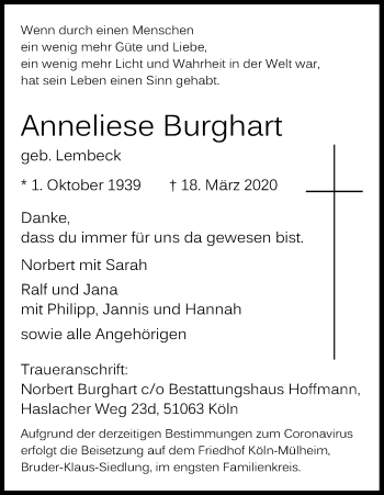 Anzeige von Anneliese Burghart von Kölner Stadt-Anzeiger / Kölnische Rundschau / Express