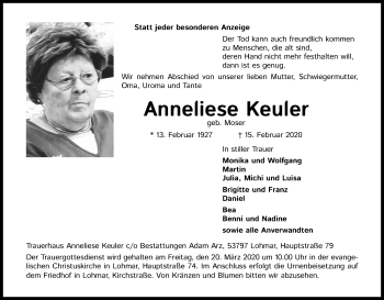 Anzeige von Anneliese Keuler von Kölner Stadt-Anzeiger / Kölnische Rundschau / Express
