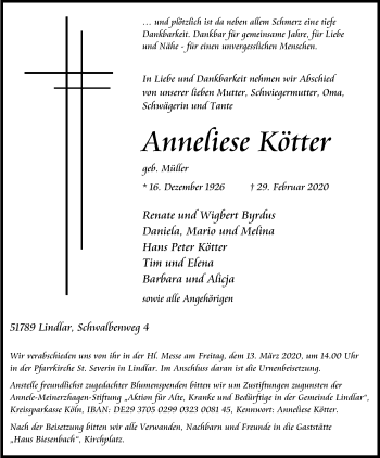 Anzeige von Anneliese Kötter von Kölner Stadt-Anzeiger / Kölnische Rundschau / Express