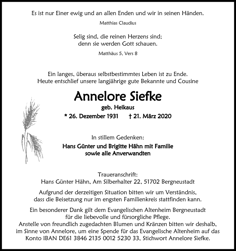  Traueranzeige für Annelore Siefke vom 28.03.2020 aus Kölner Stadt-Anzeiger / Kölnische Rundschau / Express