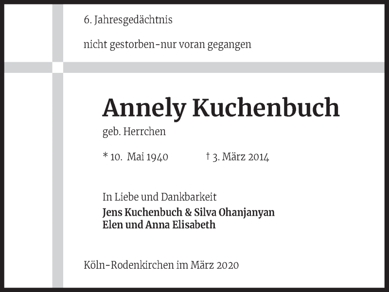  Traueranzeige für Annely Kuchenbuch vom 03.03.2020 aus Kölner Stadt-Anzeiger / Kölnische Rundschau / Express